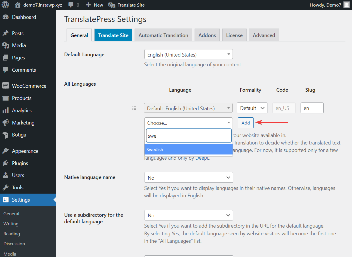 TranslatePress language settings